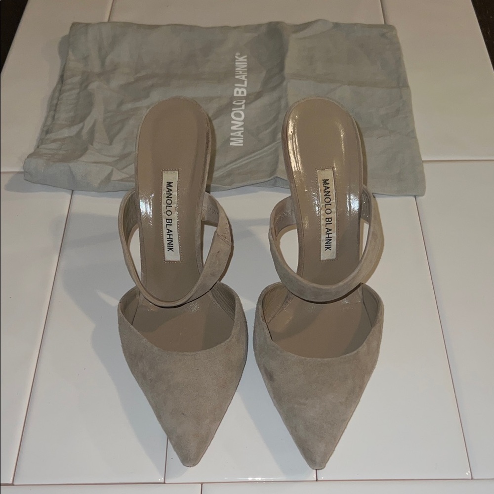 Manolo Blahnik Taupe Suede Pointed Heels